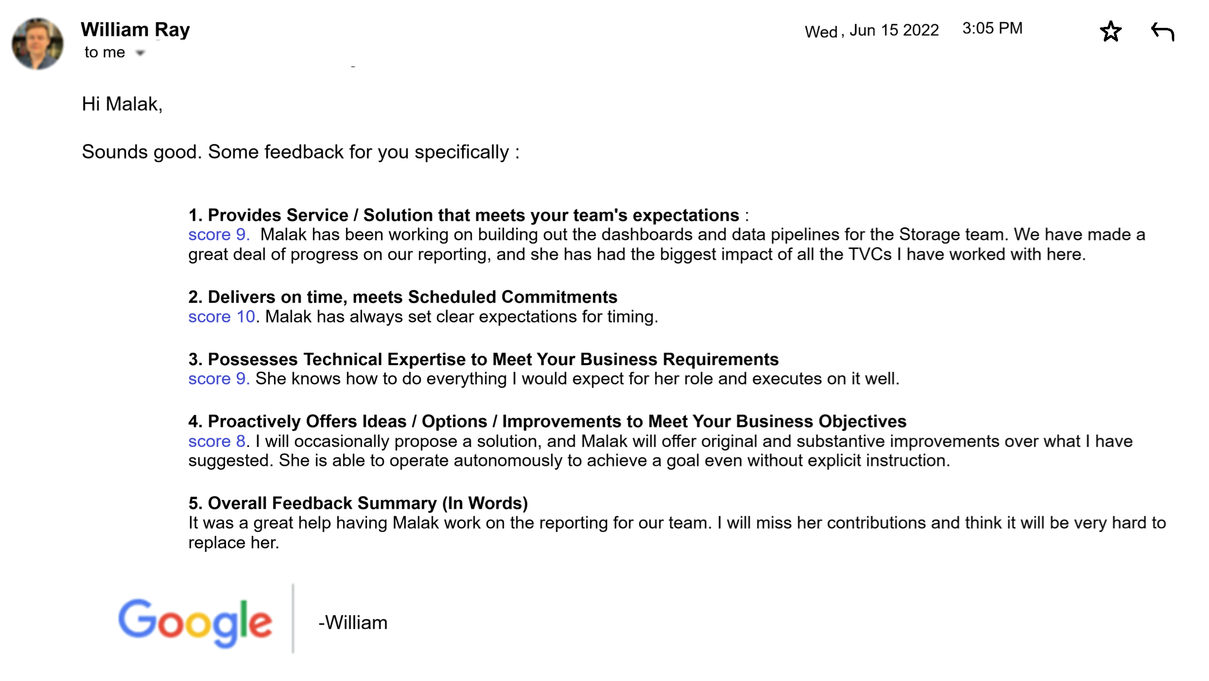 Recommendation letter from William Ray at Google, June 2022